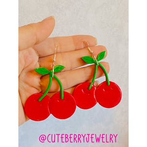 Clay Cherry Red Dangle Earrings 🍒🍒🍒 - Cute Berry Jewelry