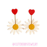 Cute Clay White Daisy Dangle Earrings with Heart Stud - Cute Berry Jewelry